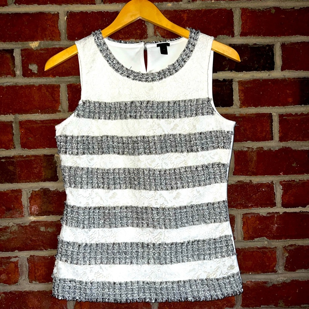 J Crew cream and black lace and woven holiday camisole top